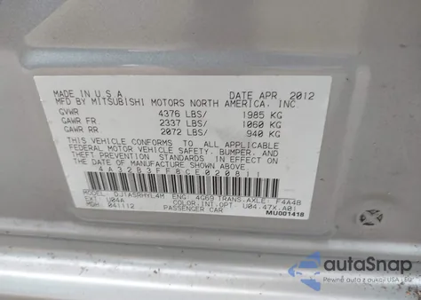 2012 Mitsubishi Galant Es/Se z USA, uszkodzony, nr VIN 4A32B3FF8CE020811